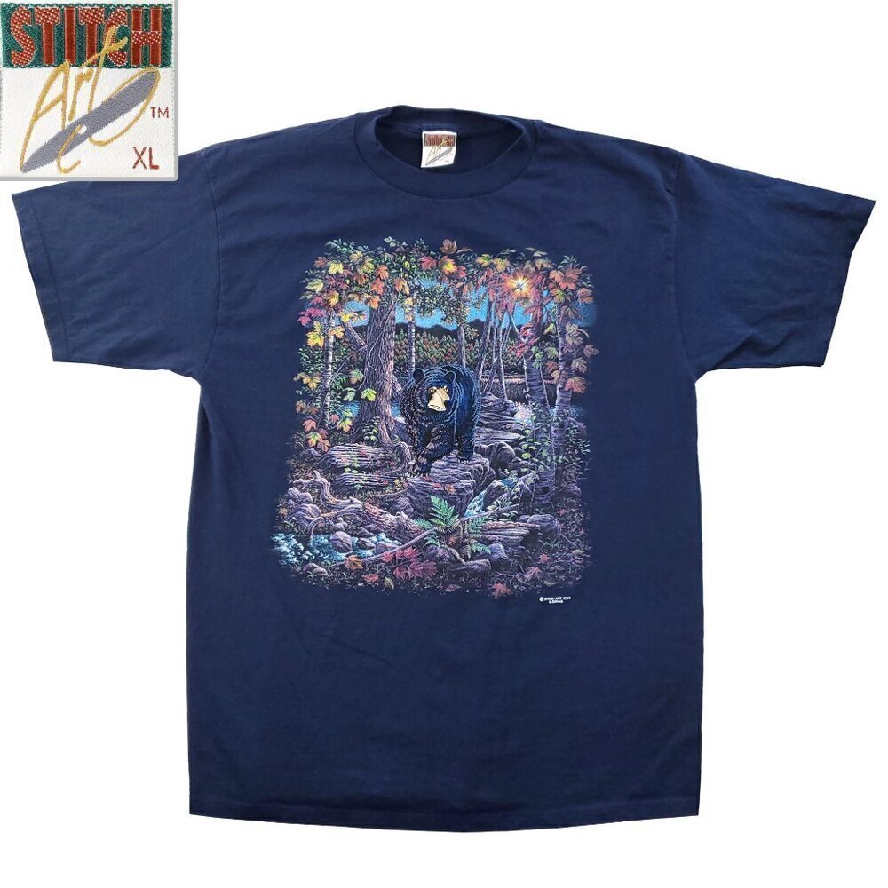 Bear Forest Vintage T-Shirt 90s Stitch Art Fall Autumn Nature Cotton Made USA XL